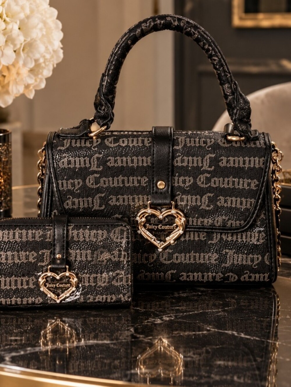 Juicy Couture Black Signature Logo Satchel with Matching Wallet